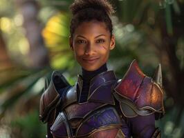 Futuristic warrior woman in colorful armor photo