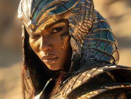 Mysterious warrior in ornate golden armor photo