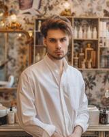 Stylish young man in casual clothing posing in front of artistic backdrop photo