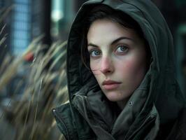 pensive woman in hooded jacket photo