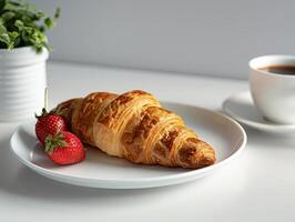 Delicious croissant and fresh strawberries on a plate with a cup of coffee photo