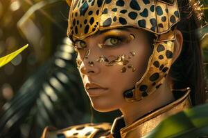 Striking model in golden leopard print costume photo