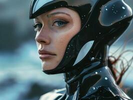 close up portrait of female astronaut in space helmet photo