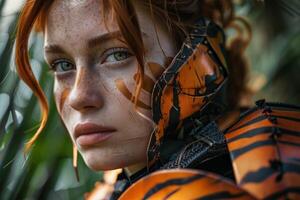 Redheaded woman with freckles in camouflage jacket photo