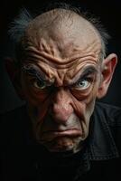 Intense close up portrait of an elderly man with wrinkled skin and intense gaze photo