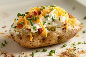 Baked potato with sour cream, cheese, and chives photo