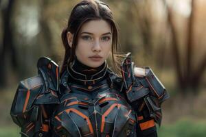 futuristic warrior woman in high tech armor photo