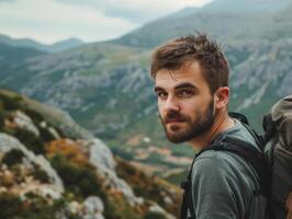 Adventurous hiker enjoying scenic mountain view photo
