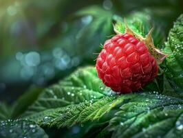 Closeup of a ripe red raspberry with water droplets on green leaves photo