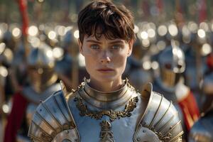 Warrior in ornate armor standing in front of lights photo