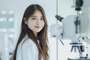 young asian woman in lab coat smiling at camera photo