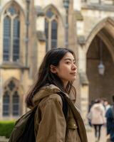 woman in beige jacket standing in front of old building photo