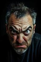 Intense close up portrait of a gruff looking man with a stern expression photo
