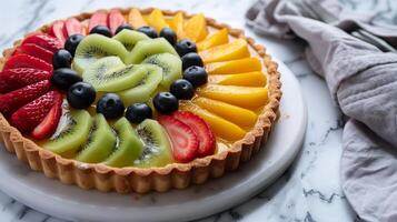 Delicious fruit tart with fresh berries and citrus slices photo