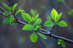 Fresh green leaves on a branch in nature photo