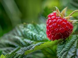 Close up of a ripe red raspberry in a lush green garden photo