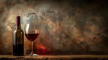 red wine bottle and glass on rustic wooden table photo