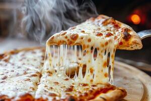 Steaming hot pizza slice with melted cheese photo