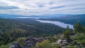 Scenic mountain landscape with lake and forest photo