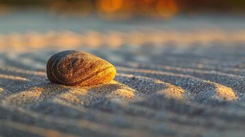 Sunset on the beach with a smooth stone photo