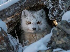 Curious Arctic Fox Peeking Out from Snowy Den photo