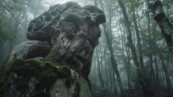 Mysterious Carved Creature in Misty Forest photo