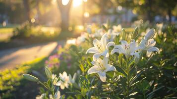 Blooming white lilies in the garden photo