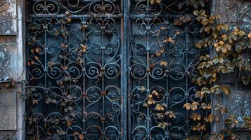 Ornate Wrought Iron Gate with Autumn Leaves photo
