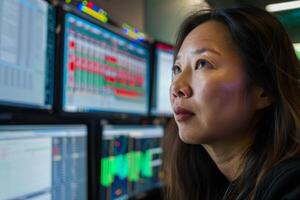 Focused woman analyzing stock market data on multiple computer screens photo