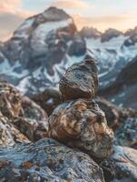 Rugged mountain landscape with weathered rock formation photo