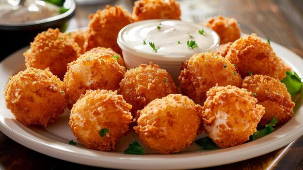 delicioso frito pollo pepitas con cremoso inmersión salsa foto