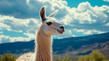 Curious Llama in the Andes Mountains photo
