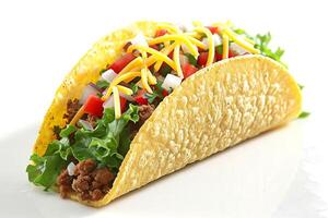Delicious taco with ground beef, lettuce, cheese, and vegetables photo