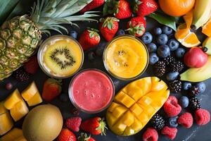 Assortment of fresh, colorful fruits and smoothies photo