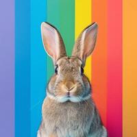 Cute rabbit in front of colorful background photo
