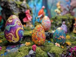 Colorful Easter eggs in a whimsical forest setting photo