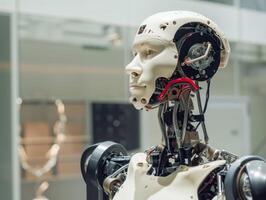 Futuristic robot head with mechanical components photo