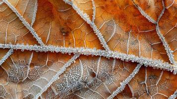 Intricate Frost Patterns on Autumn Leaves photo