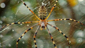 Intricate spider web with a vibrant spider in the center photo