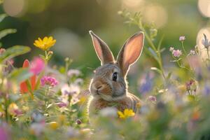 Cute rabbit in a colorful flower field photo