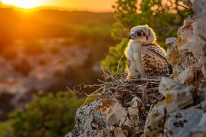 Majestic Falcon Perched on Nest at Sunset photo
