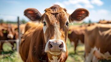 Close up of a curious cow in a field photo