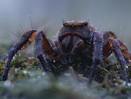 Macro shot of a spider covered in dew photo