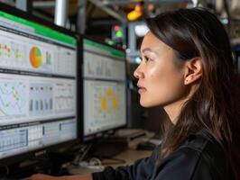 Woman analyzing data on multiple computer screens photo
