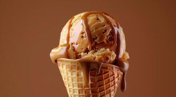 Delicious ice cream cone with caramel drizzle photo