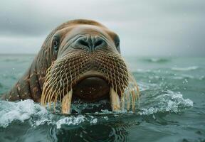 Closeup of a walrus in the water photo