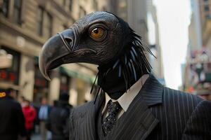 Mysterious businessman with bird mask in city street photo