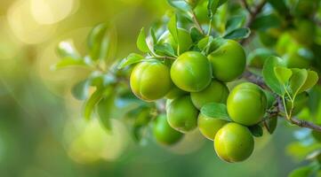 Fresh green apples growing on a tree branch photo