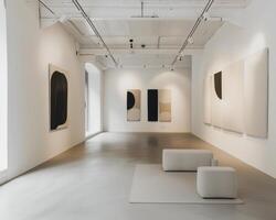 Modern art gallery interior with minimalist paintings and sculptures photo