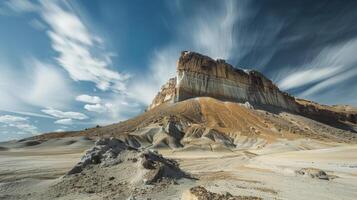 Dramatic desert landscape with towering rock formation photo